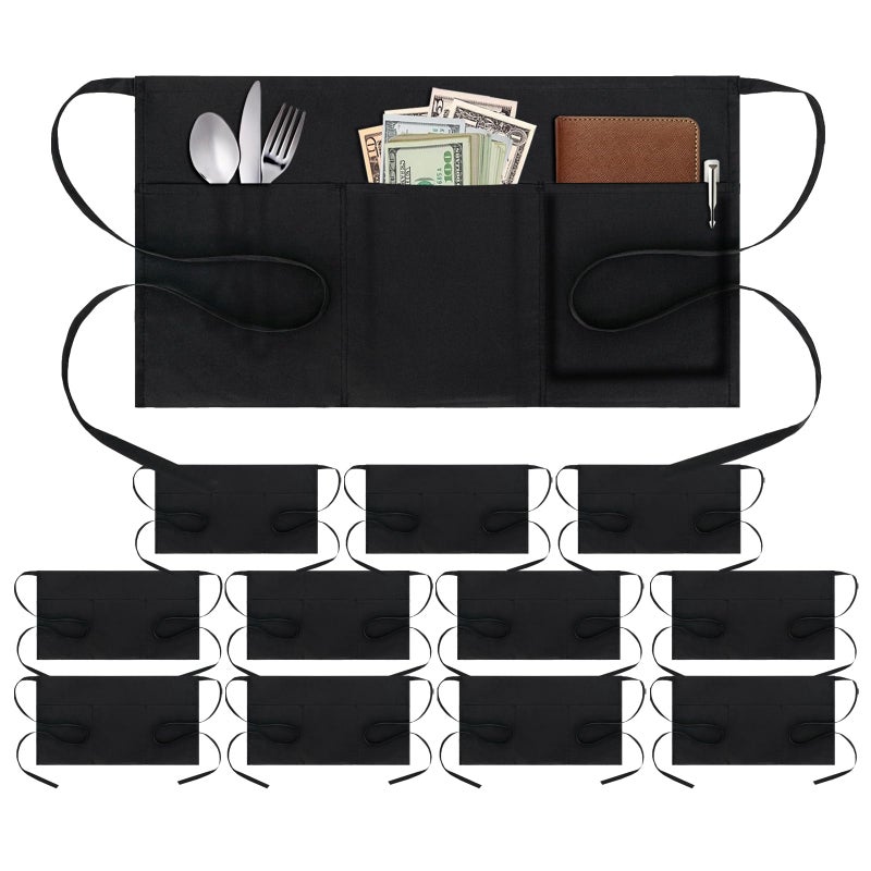 BOHARERS 3 Pockets Waitress Apron 12 Pack Cotton Server Apron Black Half Aprons for Men & Women Waterproof and Oil Proof - Image 1